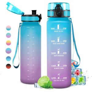 Gourde Sport 1L, Étanche et Réutilisable, Gourde, Bouteille d&rsquo;eau 1 Litre avec Marqueur de Temps et Filtre, Bouteille pour Adulte, l&rsquo;école, Cyclisme, Voyage, Camping, Fitness, Yoga, Bureau, Gym(32oz-1000ml | Bleu + Lilas)