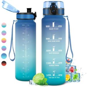 Gourde Sport 1L, Étanche et Réutilisable, Gourde, Bouteille d&rsquo;eau 1 Litre avec Marqueur de Temps et Filtre, Bouteille pour Adulte, l&rsquo;école, Cyclisme, Voyage, Camping, Fitness, Yoga, Bureau, Gym(32oz-1000ml | Bleu + Vert)