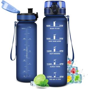 Gourde Sport 1L, Étanche et Réutilisable, Gourde, Bouteille d&rsquo;eau 1 Litre avec Marqueur de Temps et Filtre, Bouteille pour Adulte, l&rsquo;école, Cyclisme, Voyage, Camping, Fitness, Yoga, Bureau, Gym(32oz-1000ml | Mat Marine Bleu)