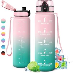 Gourde Sport 1L, Étanche et Réutilisable, Gourde, Bouteille d&rsquo;eau 1 Litre avec Marqueur de Temps et Filtre, Bouteille pour Adulte, l&rsquo;école, Cyclisme, Voyage, Camping, Fitness, Yoga, Bureau, Gym(32oz-1000ml | Rose + Cyan)