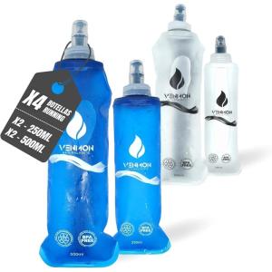 Gourde sans BPA pour la course, gourde d’eau de sport, réutilisable, très robuste, lot de 4 (2 x 500 ml avec sangle dorsale et 2 x 250 ml)