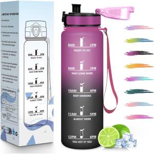 HoneyHolly Gourde 1L, Réutilisable, Water Bottle Sport, Marqueur Horaire, Bouteille, Étanche, Portable, Gourde Graduée pour Salle de Sport, Vélo, Bureau, Extérieur, École, Bouteille Eau, Water Bottle(Violet Noir – 1000ml)