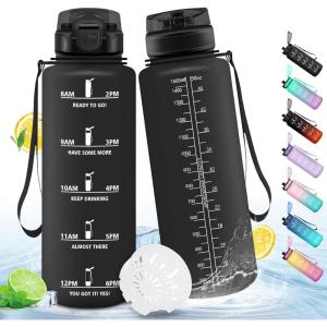 HoneyHolly Gourde 1L, Réutilisable, Water Bottle Sport, Marqueur Horaire, Bouteille, Étanche, Portable, Gourde Graduée pour Salle de Sport, Vélo, Bureau, Extérieur, École, Bouteille Eau, Water Bottle(Noir – 1500ml)