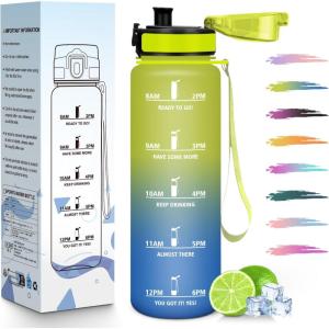HoneyHolly Gourde 1L, Réutilisable, Water Bottle Sport, Marqueur Horaire, Bouteille, Étanche, Portable, Gourde Graduée pour Salle de Sport, Vélo, Bureau, Extérieur, École, Bouteille Eau, Water Bottle(Jaune Bleu – 1000ml)