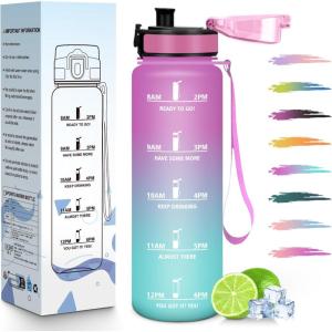 HoneyHolly Gourde 1L, Réutilisable, Water Bottle Sport, Marqueur Horaire, Bouteille, Étanche, Portable, Gourde Graduée pour Salle de Sport, Vélo, Bureau, Extérieur, École, Bouteille Eau, Water Bottle(Rose Cyan – 1000ml)