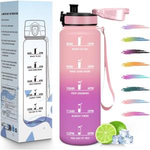 HoneyHolly Gourde 1L, Réutilisable, Water Bottle Sport, Marqueur Horaire, Bouteille, Étanche, Portable, Gourde Graduée pour Salle de Sport, Vélo, Bureau, Extérieur, École, Bouteille Eau, Water Bottle(Rose Rose – 1000ml)