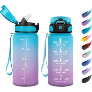 KollyKolla Bouteille 1L, Gourde Sport avec Paille, Gourde Grande Marqueur de Temps, Reutilisable, Bouteille d&rsquo;eau Étanche, pour Running, Fitness, Yoga, Bureau, Gym(17oz-500ml | Paille | Bleu + Lilas)