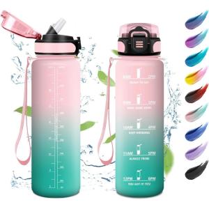 KollyKolla Bouteille 1L, Gourde Sport avec Paille, Gourde Grande Marqueur de Temps, Reutilisable, Bouteille d&rsquo;eau Étanche, pour Running, Fitness, Yoga, Bureau, Gym(32oz-1000ml | Paille | Rose + Cyan)