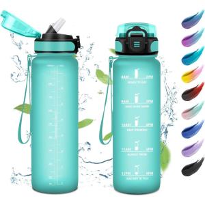 KollyKolla Bouteille 1L, Gourde Sport avec Paille, Gourde Grande Marqueur de Temps, Reutilisable, Bouteille d&rsquo;eau Étanche, pour Running, Fitness, Yoga, Bureau, Gym(32oz-1000ml | Paille | Mat Bleu-vert)