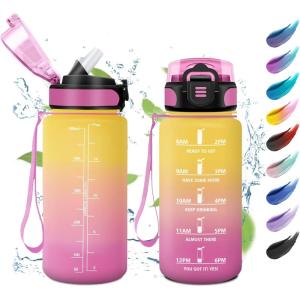KollyKolla Bouteille 1L, Gourde Sport avec Paille, Gourde Grande Marqueur de Temps, Reutilisable, Bouteille d&rsquo;eau Étanche, pour Running, Fitness, Yoga, Bureau, Gym(17oz-500ml | Paille | Jaune + Rose)