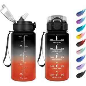 KollyKolla Bouteille 1L, Gourde Sport avec Paille, Gourde Grande Marqueur de Temps, Reutilisable, Bouteille d&rsquo;eau Étanche, pour Running, Fitness, Yoga, Bureau, Gym(17oz-500ml | Paille | Noir + Rouge)