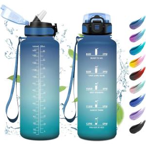 KollyKolla Bouteille 1L, Gourde Sport avec Paille, Gourde Grande Marqueur de Temps, Reutilisable, Bouteille d&rsquo;eau Étanche, pour Running, Fitness, Yoga, Bureau, Gym(50oz-1500ml | Paille | Bleu + Vert)