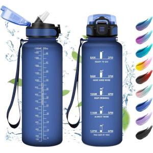 KollyKolla Bouteille 1L, Gourde Sport avec Paille, Gourde Grande Marqueur de Temps, Reutilisable, Bouteille d&rsquo;eau Étanche, pour Running, Fitness, Yoga, Bureau, Gym(50oz-1500ml | Paille | Mat Marine Bleu)