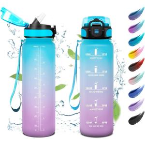 KollyKolla Bouteille 1L, Gourde Sport avec Paille, Gourde Grande Marqueur de Temps, Reutilisable, Bouteille d&rsquo;eau Étanche, pour Running, Fitness, Yoga, Bureau, Gym(32oz-1000ml | Paille | Bleu + Lilas)