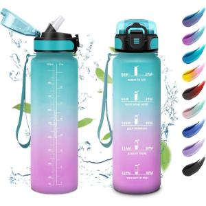 KollyKolla Bouteille 1L, Gourde Sport avec Paille, Gourde Grande Marqueur de Temps, Reutilisable, Bouteille d&rsquo;eau Étanche, pour Running, Fitness, Yoga, Bureau, Gym(32oz-1000ml | Paille | Vert + Rose Clair)