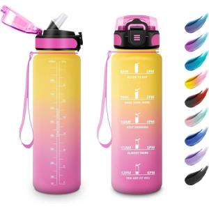 KollyKolla Bouteille 1L, Gourde Sport avec Paille, Gourde Grande Marqueur de Temps, Reutilisable, Bouteille d&rsquo;eau Étanche, pour Running, Fitness, Yoga, Bureau, Gym(32oz-1000ml | Paille | Jaune + Rose)
