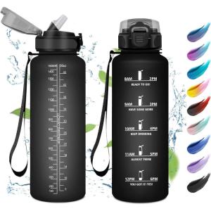 KollyKolla Bouteille 1L, Gourde Sport avec Paille, Gourde Grande Marqueur de Temps, Reutilisable, Bouteille d&rsquo;eau Étanche, pour Running, Fitness, Yoga, Bureau, Gym(50oz-1500ml | Paille | Mat Noir)