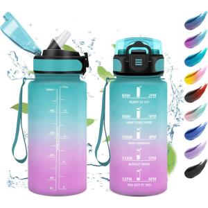 KollyKolla Bouteille 1L, Gourde Sport avec Paille, Gourde Grande Marqueur de Temps, Reutilisable, Bouteille d&rsquo;eau Étanche, pour Running, Fitness, Yoga, Bureau, Gym(17oz-500ml | Paille | Vert + Rose Clair)