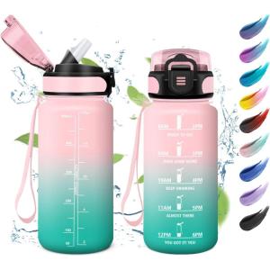 KollyKolla Bouteille 1L, Gourde Sport avec Paille, Gourde Grande Marqueur de Temps, Reutilisable, Bouteille d&rsquo;eau Étanche, pour Running, Fitness, Yoga, Bureau, Gym(17oz-500ml | Paille | Rose + Cyan)