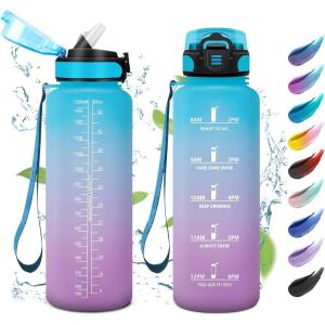 KollyKolla Bouteille 1L, Gourde Sport avec Paille, Gourde Grande Marqueur de Temps, Reutilisable, Bouteille d&rsquo;eau Étanche, pour Running, Fitness, Yoga, Bureau, Gym(50oz-1500ml | Paille | Bleu + Lilas)