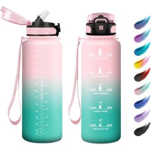 KollyKolla Bouteille 1L, Gourde Sport avec Paille, Gourde Grande Marqueur de Temps, Reutilisable, Bouteille d&rsquo;eau Étanche, pour Running, Fitness, Yoga, Bureau, Gym(50oz-1500ml | Paille | Rose + Cyan)