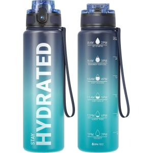 Sahara Sailor Bouteille d&rsquo;eau, Gourde Sport 1L/500ML/750ML avec Marqueur de Temps de Motivation, sans BPA, Étanche & Réutilisable, pour Sport, Camping (1 Bouteille)(B-mer Profonde)