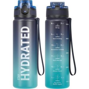 Sahara Sailor Bouteille d&rsquo;eau, Gourde Sport 1L/500ML/750ML avec Marqueur de Temps de Motivation, sans BPA, Étanche & Réutilisable, pour Sport, Camping (1 Bouteille)(Mer Profonde)