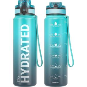 Sahara Sailor Bouteille d&rsquo;eau, Gourde Sport 1L/500ML/750ML avec Marqueur de Temps de Motivation, sans BPA, Étanche & Réutilisable, pour Sport, Camping (1 Bouteille)(B-vagues Bleues)