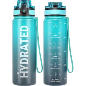 Sahara Sailor Bouteille d&rsquo;eau, Gourde Sport 1L/500ML/750ML avec Marqueur de Temps de Motivation, sans BPA, Étanche & Réutilisable, pour Sport, Camping (1 Bouteille)(Vagues Bleues)
