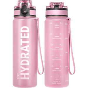 Sahara Sailor Bouteille d&rsquo;eau, Gourde Sport 1L/500ML/750ML avec Marqueur de Temps de Motivation, sans BPA, Étanche & Réutilisable, pour Sport, Camping (1 Bouteille)(Topaze Rose)