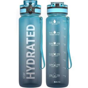 Sahara Sailor Bouteille d&rsquo;eau, Gourde Sport 1L/500ML/750ML avec Marqueur de Temps de Motivation, sans BPA, Étanche & Réutilisable, pour Sport, Camping (1 Bouteille)(Blue Waves)