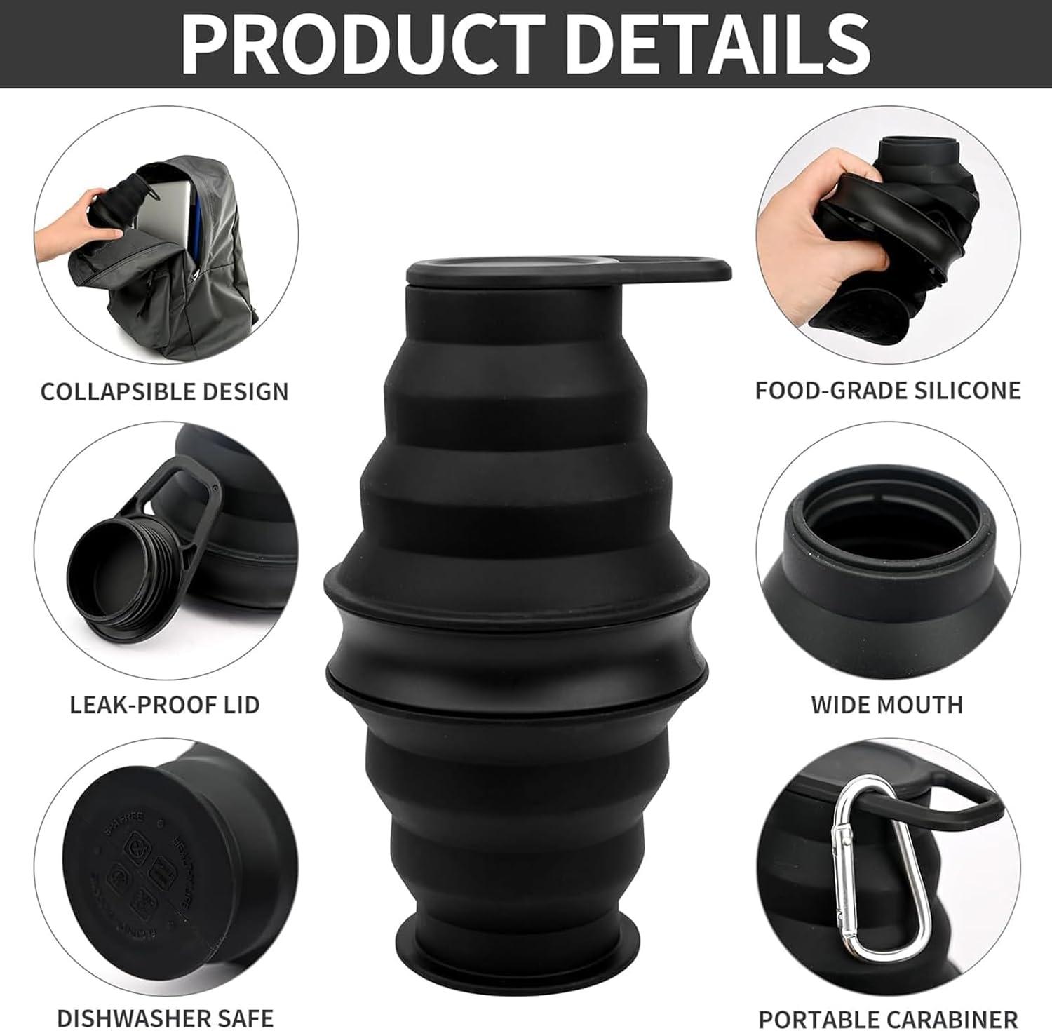 image:image500ml Bouteilles deau PliableBouteille deau en SiliconeBouteille de Sport en Portable Sans BPATasse de Camping RutilisableEnroulable Bouteille deau de Gym pour Voyage RandonneNoirNoir