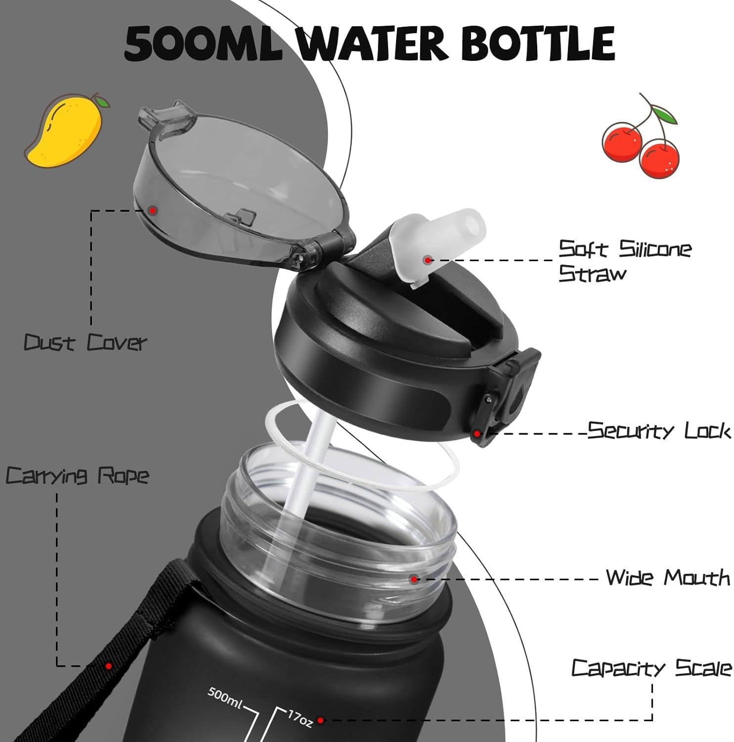 image:imageGourde 500ml Gourde Enfant Bouteille avec Paille AntiFuite Bouteille deau Facile Nettoyer Bouteille Sport pour lcole Bureau Extrieur Voyage RoseCyanNoir