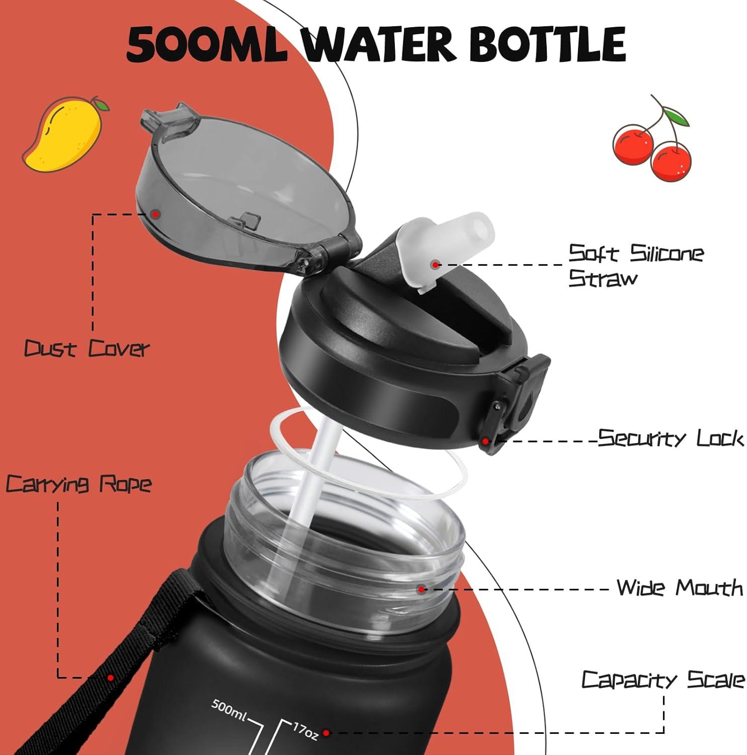 image:imageGourde 500ml Gourde Enfant Bouteille avec Paille AntiFuite Bouteille deau Facile Nettoyer Bouteille Sport pour lcole Bureau Extrieur Voyage RoseCyanNoirrouge