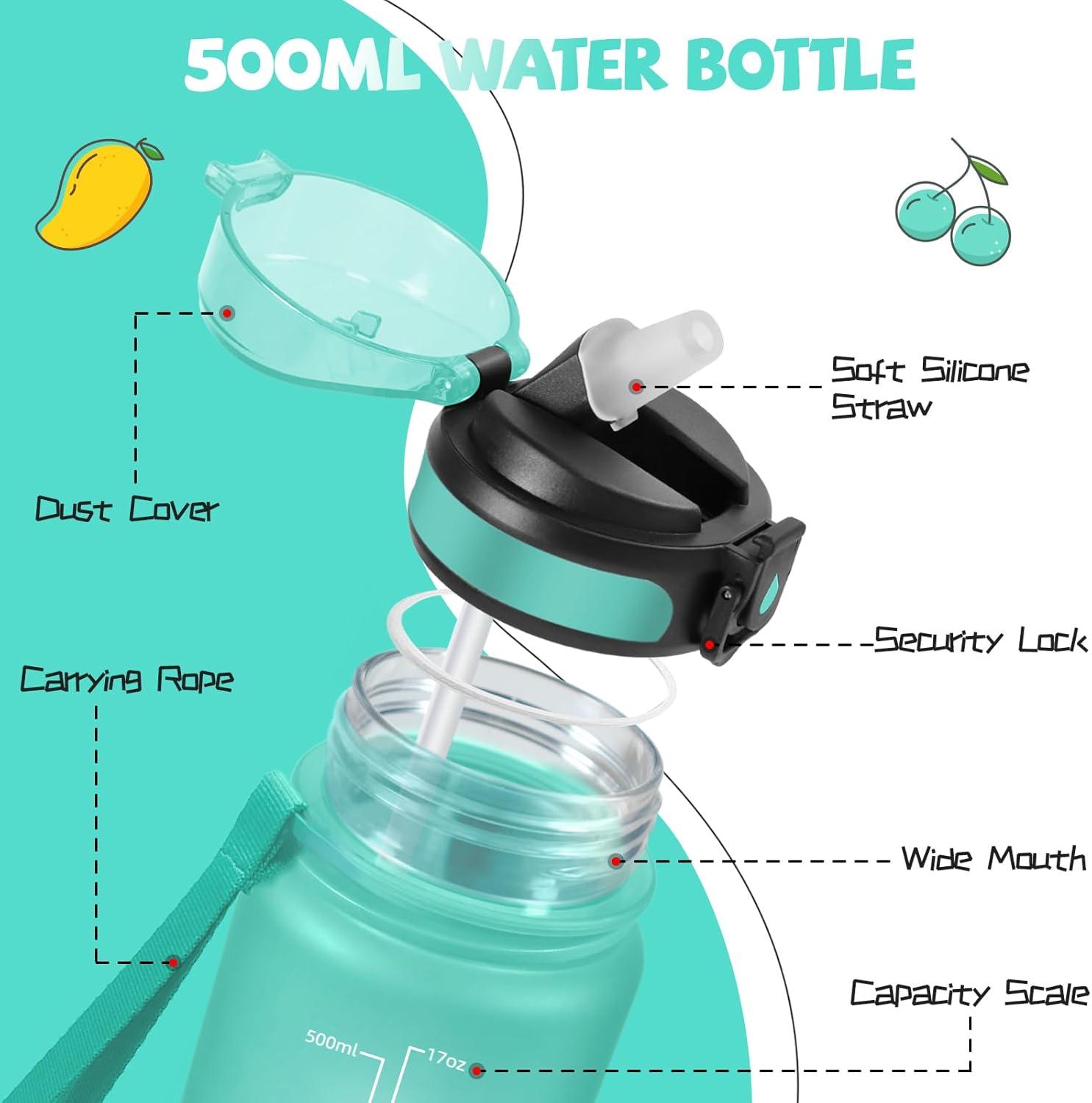 image:imageGourde 500ml Gourde Enfant Bouteille avec Paille AntiFuite Bouteille deau Facile Nettoyer Bouteille Sport pour lcole Bureau Extrieur Voyage RoseCyanVert