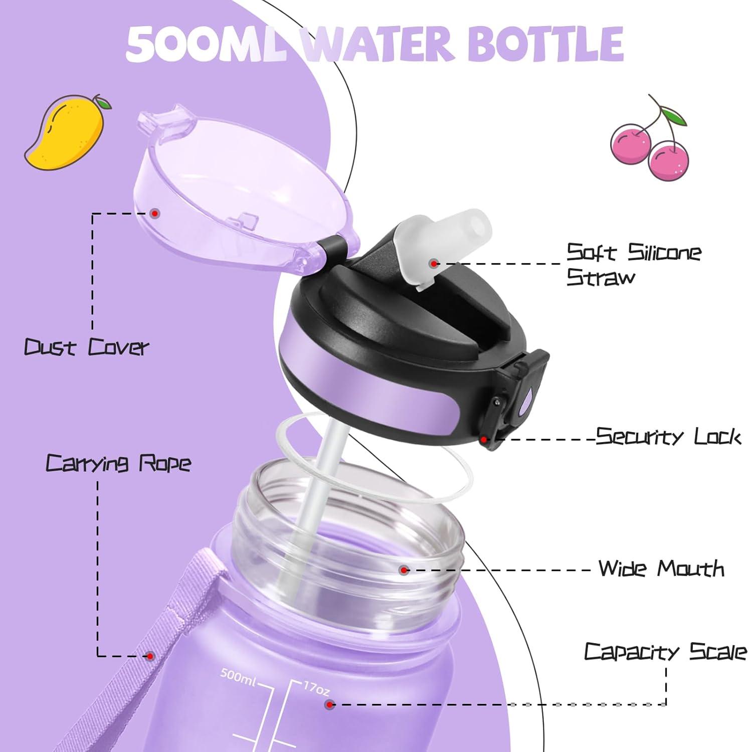 image:imageGourde 500ml Gourde Enfant Bouteille avec Paille AntiFuite Bouteille deau Facile Nettoyer Bouteille Sport pour lcole Bureau Extrieur Voyage RoseCyanViolet