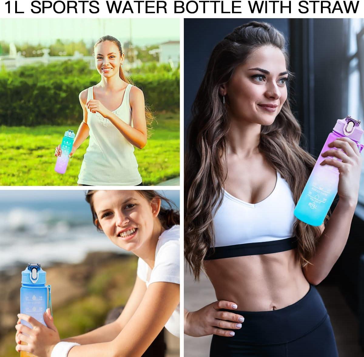 image:imageGourde 750 ml Gourde Sport avec Marqueur de Temps Gourde avec Paille Bouteille deau tanche avec Couvercle Sans BPA Water Bottle pour Sport Gym Bureau Course Pied ViolettesViolettes