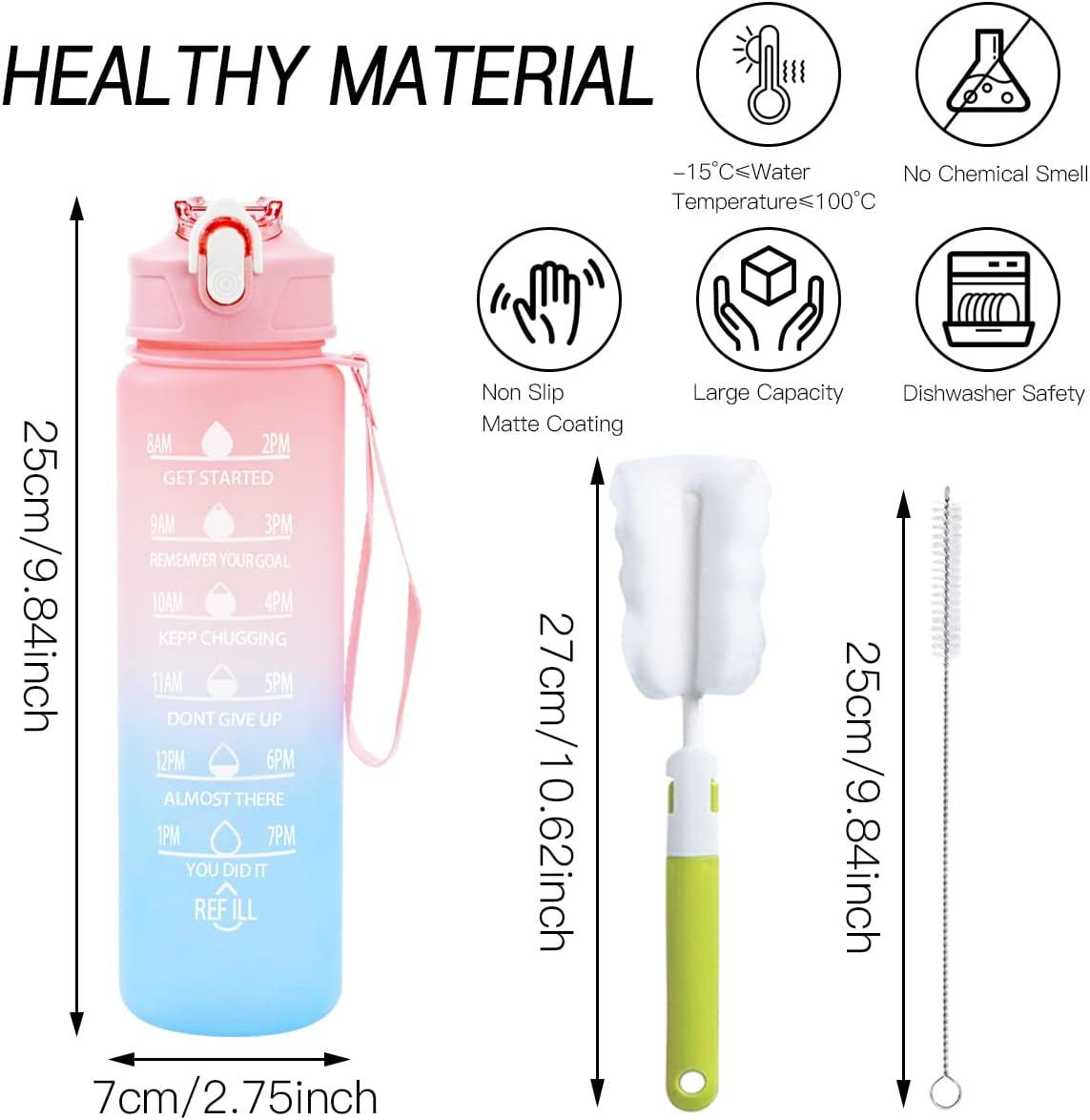 image:imageGourde 750 ml Gourde Sport avec Marqueur de Temps Gourde avec Paille Bouteille deau tanche avec Couvercle Sans BPA Water Bottle pour Sport Gym Bureau Course Pied ViolettesVert Clair