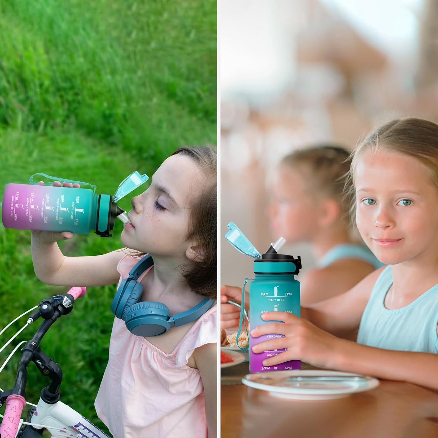image:imageGourde Sport Enfant 500ml Gourde Sport avec Paille Bouteille deau Sport tanche Bouteille Reutilisable Gourde pour 1 Journee Gourde Motivation pour Enfant Adulte Randonne lcole Fitness17oz500ml Paille Vert Rose Clair
