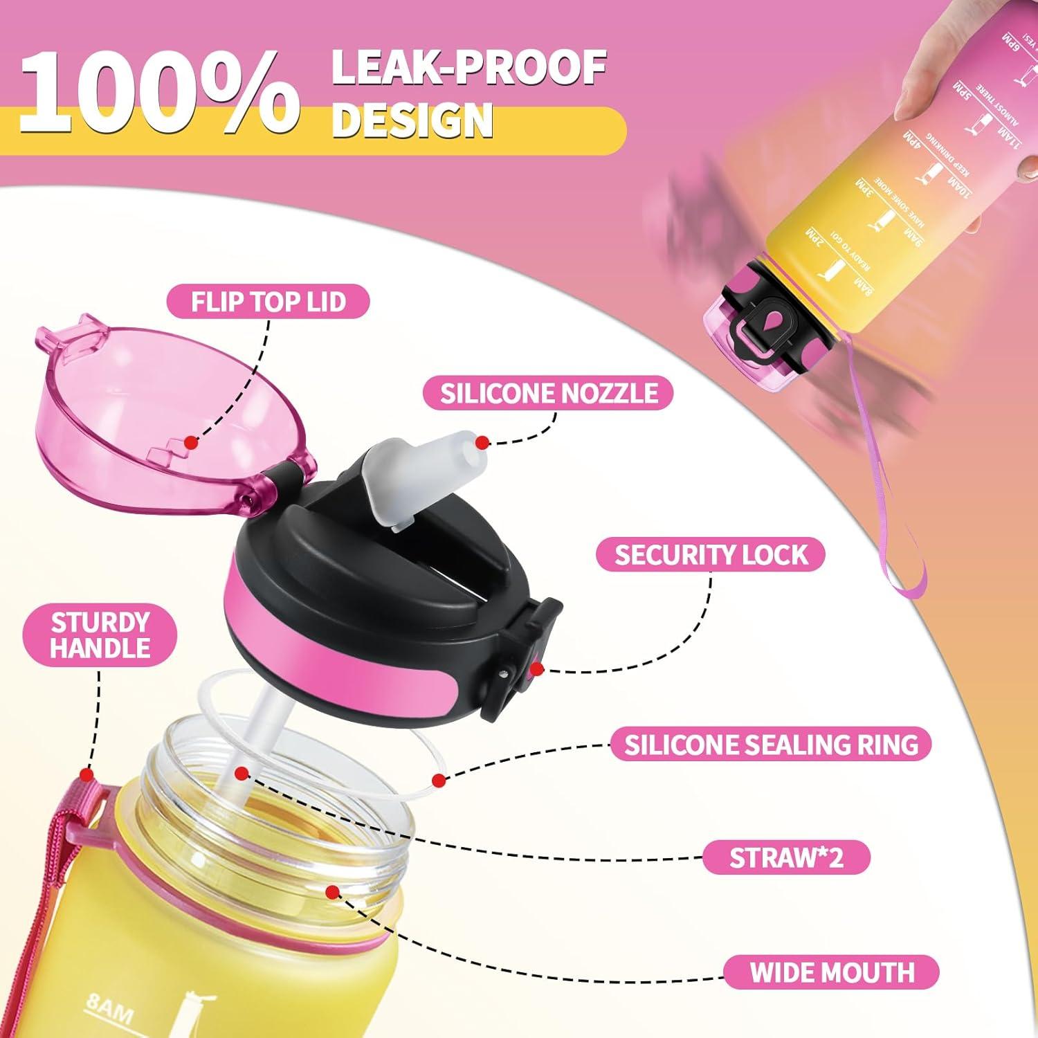 image:imageGourde Sport Enfant 500ml Gourde Sport avec Paille Bouteille deau Sport tanche Bouteille Reutilisable Gourde pour 1 Journee Gourde Motivation pour Enfant Adulte Randonne lcole Fitness32oz1000ml Paille Jaune Rose