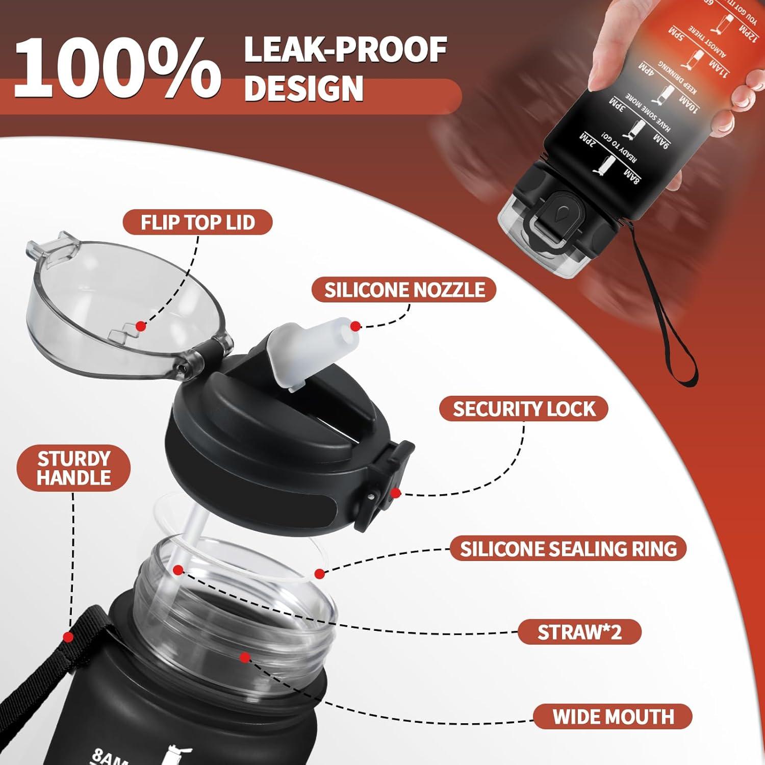 image:imageGourde Sport Enfant 500ml Gourde Sport avec Paille Bouteille deau Sport tanche Bouteille Reutilisable Gourde pour 1 Journee Gourde Motivation pour Enfant Adulte Randonne lcole Fitness17oz500ml Paille Noir Rouge