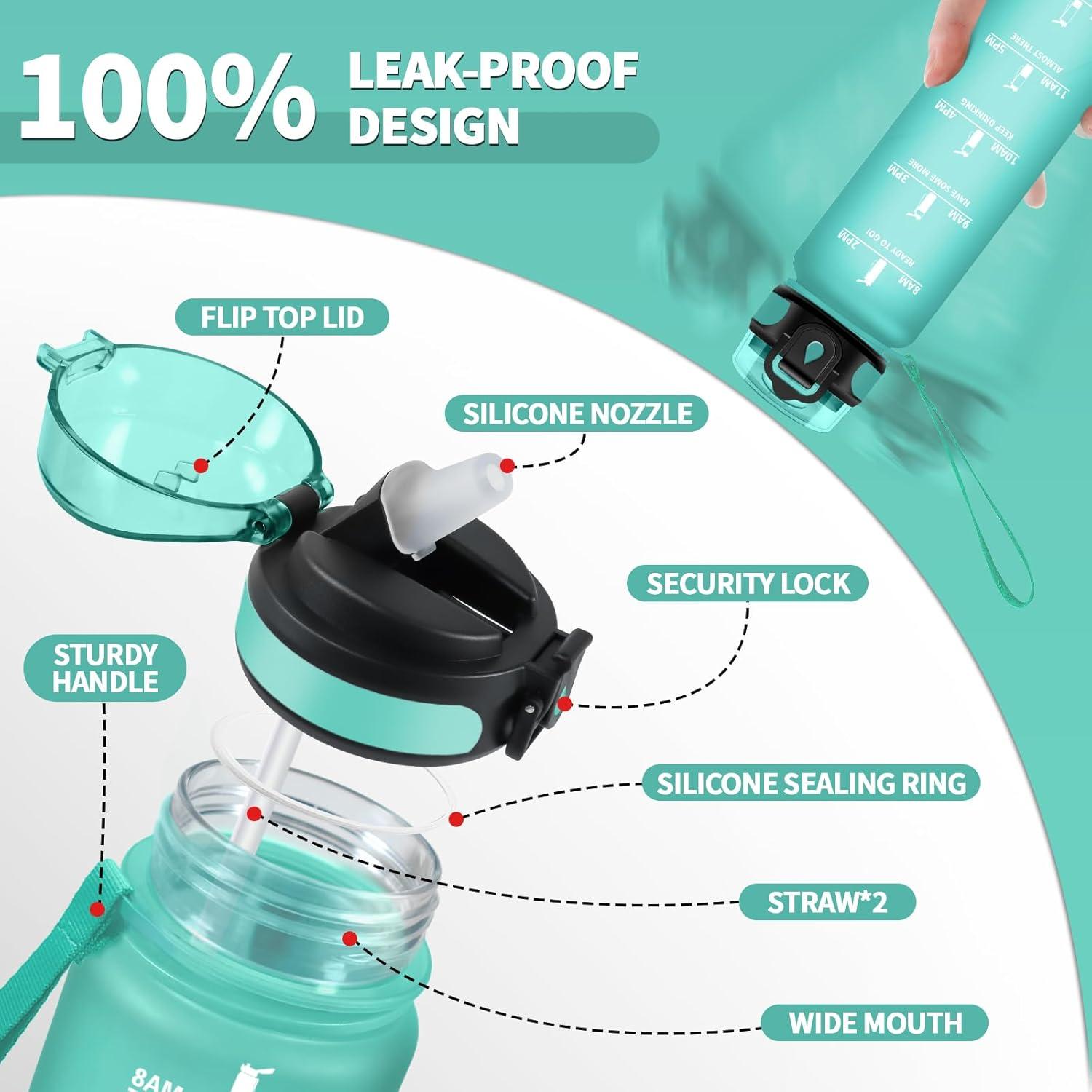 image:imageGourde Sport Enfant 500ml Gourde Sport avec Paille Bouteille deau Sport tanche Bouteille Reutilisable Gourde pour 1 Journee Gourde Motivation pour Enfant Adulte Randonne lcole Fitness32oz1000ml Paille Mat Bleuvert