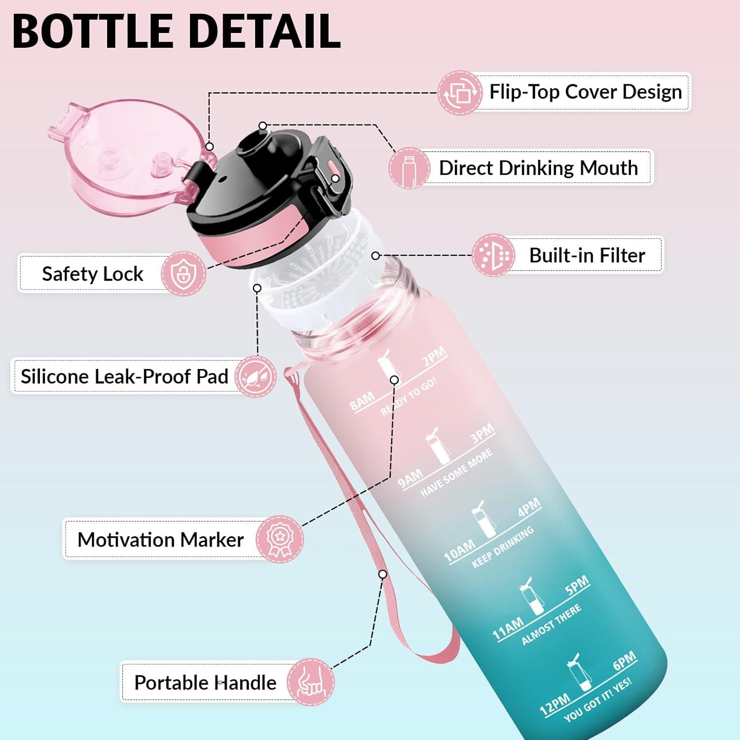 image:imageHoneyHolly Gourde 1L Rutilisable Gourde Sport Marqueur Horaire Bouteille Eau tanche Portable Water Bottle pour Salle de Sport Vlo Bureau Extrieur coleRose Cyan 1000ml
