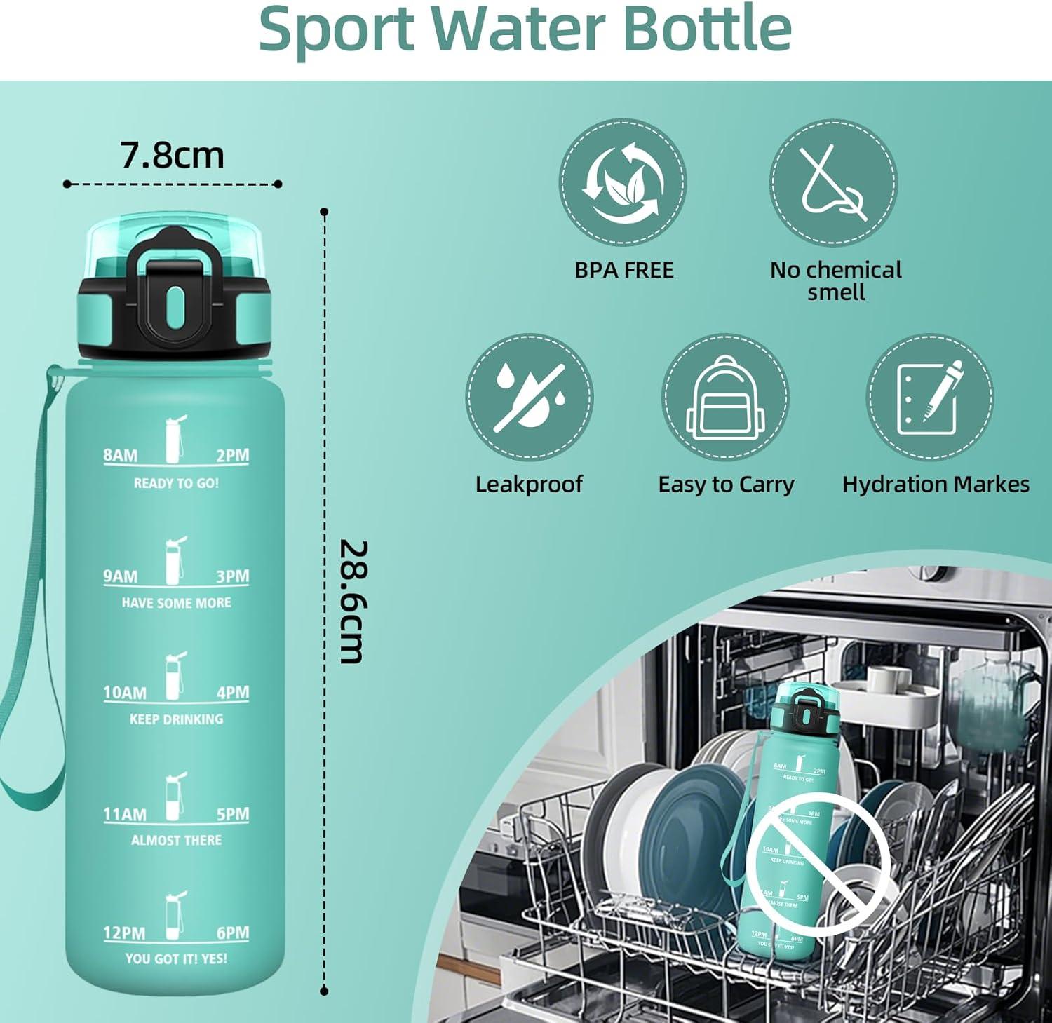 image:imageHoneyHolly Gourde 1L Rutilisable Gourde Sport Marqueur Horaire Bouteille Eau tanche Portable Water Bottle pour Salle de Sport Vlo Bureau Extrieur coleBleu Vert 1000ml