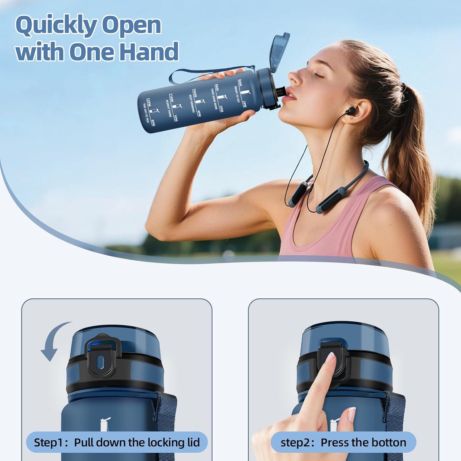 image:imageHoneyHolly Gourde 1L Rutilisable Gourde Sport Marqueur Horaire Bouteille Eau tanche Portable Water Bottle pour Salle de Sport Vlo Bureau Extrieur coleBleu Marine 1000ml