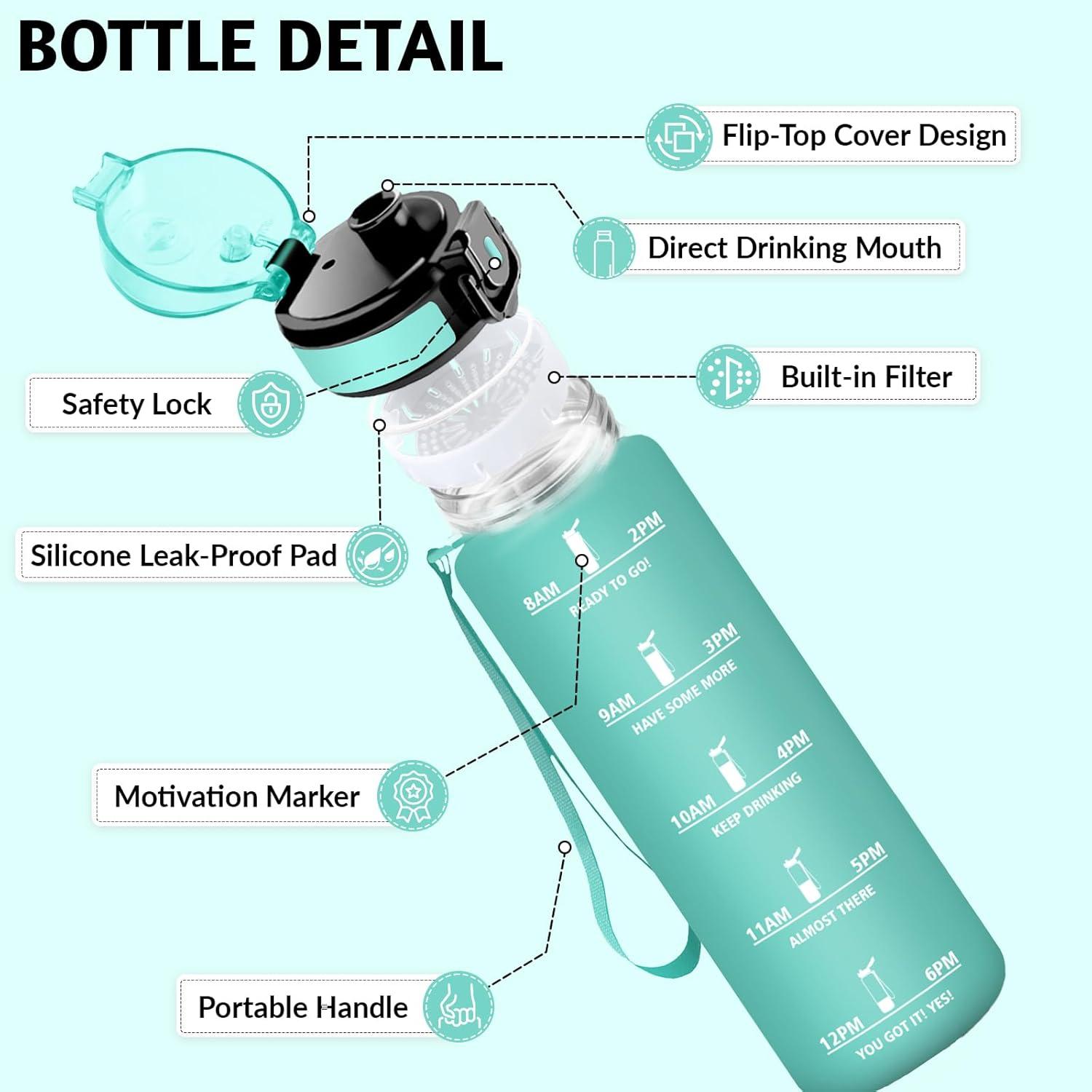 image:imageHoneyHolly Gourde 1L Rutilisable Gourde Sport Marqueur Horaire Bouteille Eau tanche Portable Water Bottle pour Salle de Sport Vlo Bureau Extrieur coleBleu Vert 1000ml