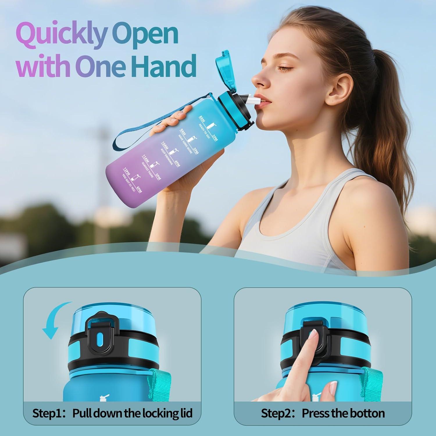 image:imageHoneyHolly Gourde 1l tanches Gourde Paille sans BPA ampamp Rutilisable Bouteille Motivation Bouteille deau Avec Marqueur de Temps Water Bottle pour Gym Ecole Cyclisme Plein air SportBleu Violet 1500 Ml