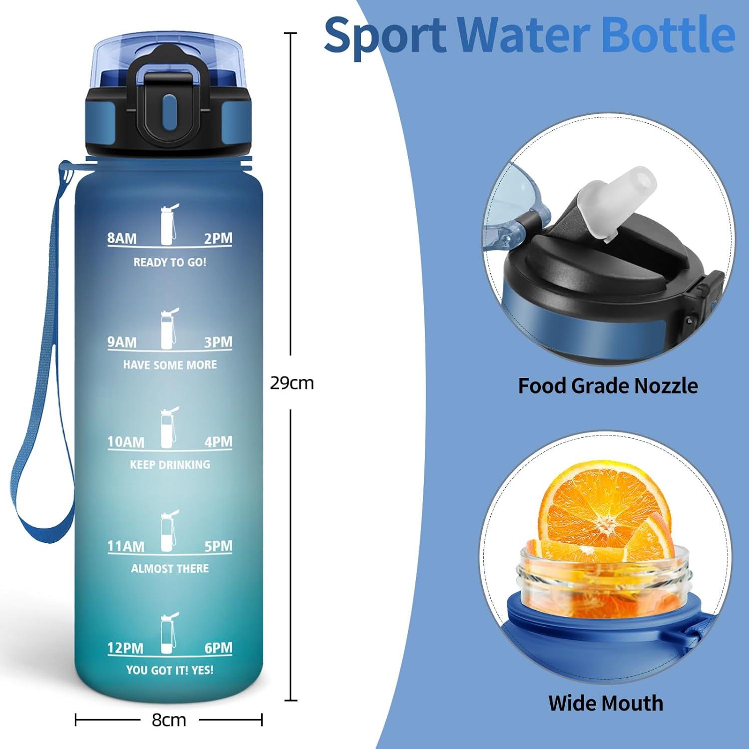 image:imageHoneyHolly Gourde 1l tanches Gourde Paille sans BPA ampamp Rutilisable Bouteille Motivation Bouteille deau Avec Marqueur de Temps Water Bottle pour Gym Ecole Cyclisme Plein air SportBleu Green 1000 Ml