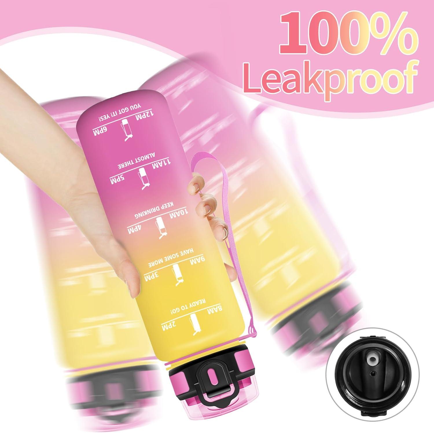 image:imageHoneyHolly Gourde 1l tanches Gourde Paille sans BPA ampamp Rutilisable Bouteille Motivation Bouteille deau Avec Marqueur de Temps Water Bottle pour Gym Ecole Cyclisme Plein air SportJaune Rose 1000 Ml