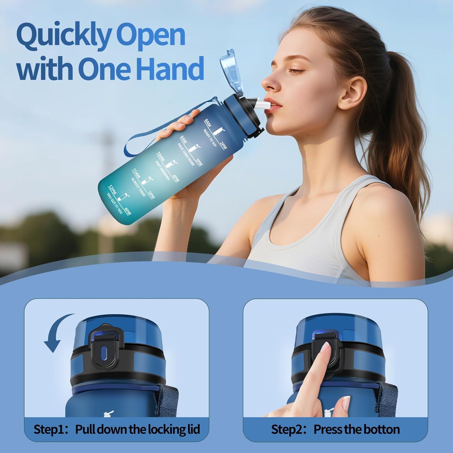 image:imageHoneyHolly Gourde 1l tanches Gourde Paille sans BPA ampamp Rutilisable Bouteille Motivation Bouteille deau Avec Marqueur de Temps Water Bottle pour Gym Ecole Cyclisme Plein air SportBleu Green 1000 Ml